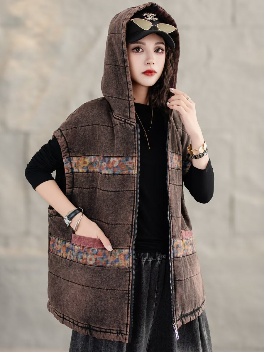 Retro Spliced Hooded Cotton Padded Vest Coat Wg007