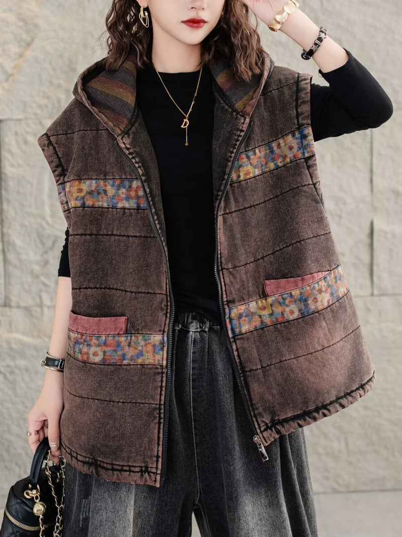 Retro Spliced Hooded Cotton Padded Vest Coat Wg007
