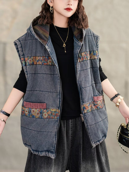 Retro Spliced Hooded Cotton Padded Vest Coat Wg007