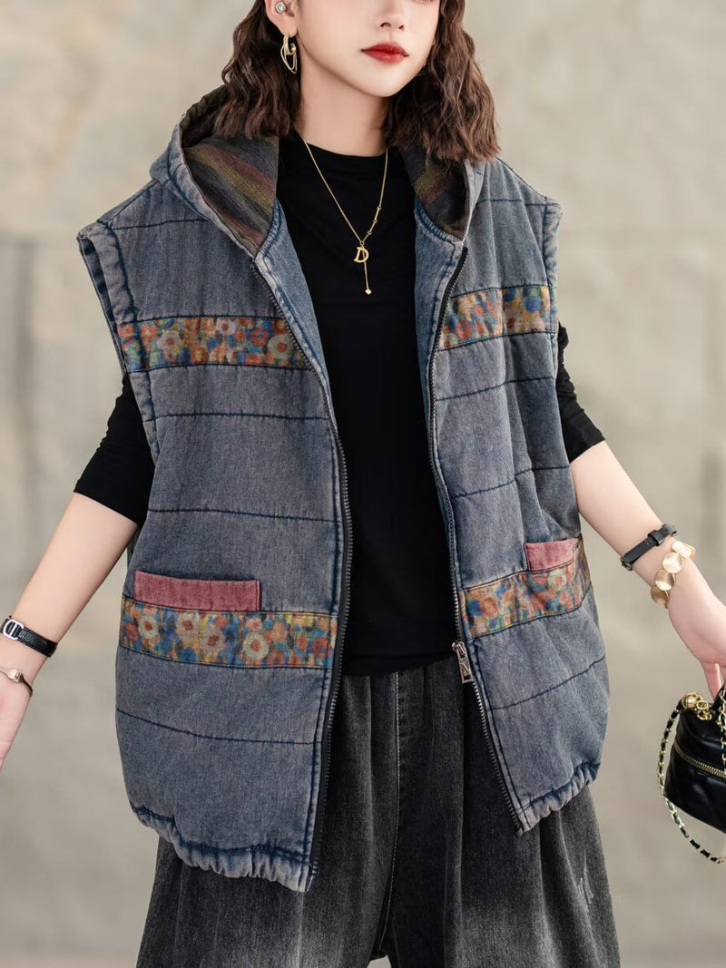 Retro Spliced Hooded Cotton Padded Vest Coat Wg007