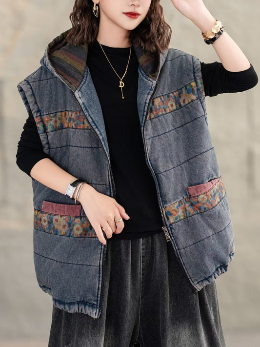 Retro Spliced Hooded Cotton Padded Vest Coat Wg007