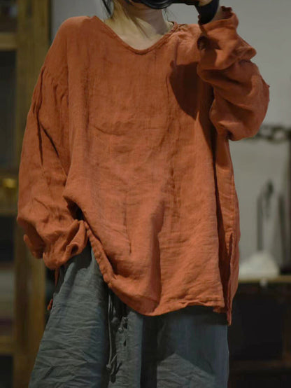 Autumn V-neck Linen Blouse Wg011