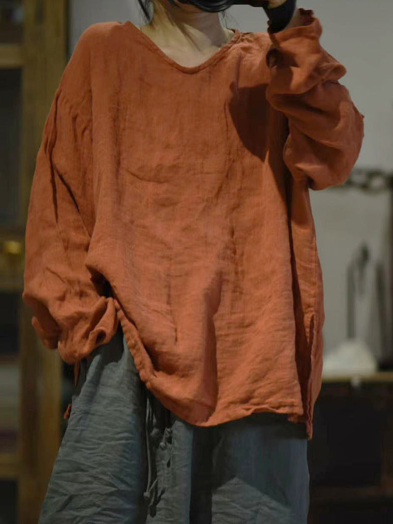 Autumn V-neck Linen Blouse Wg011