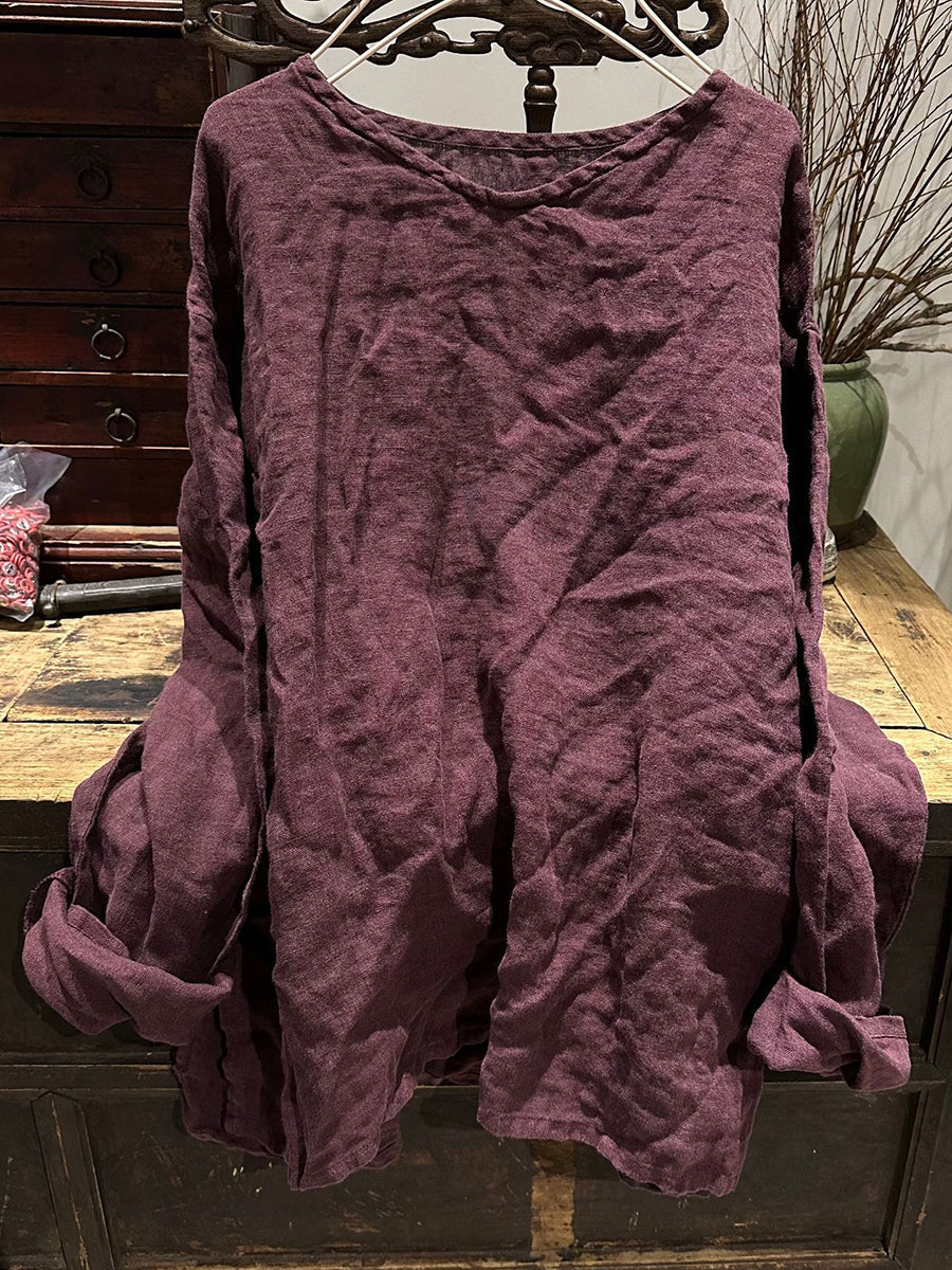 Autumn V-neck Linen Blouse Wg011