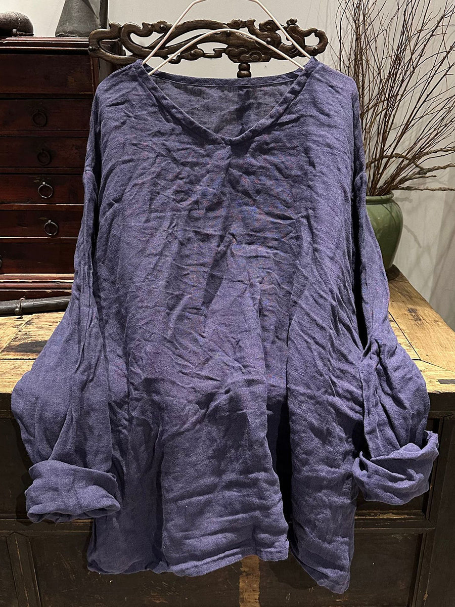Autumn V-neck Linen Blouse Wg011