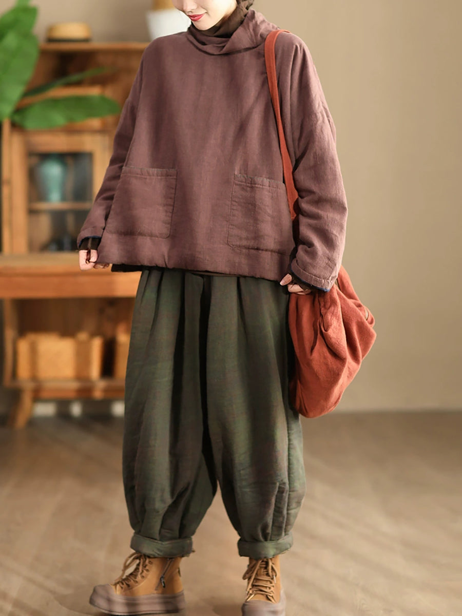 Autumn Turtleneck Linen Padded Coat Wg012