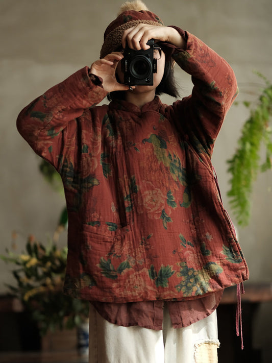 Autumn Stand Collar Flower Cotton Padded Coat Wg016