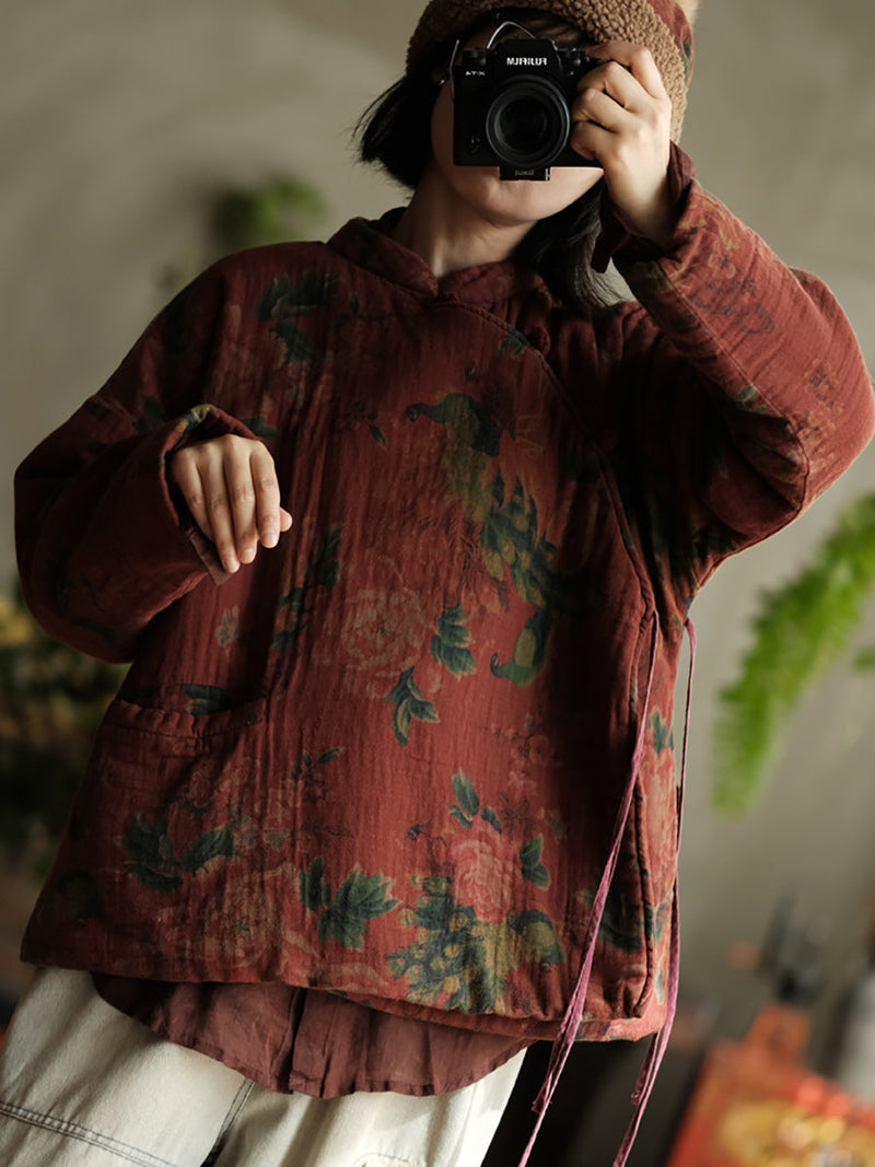 Autumn Stand Collar Flower Cotton Padded Coat Wg016