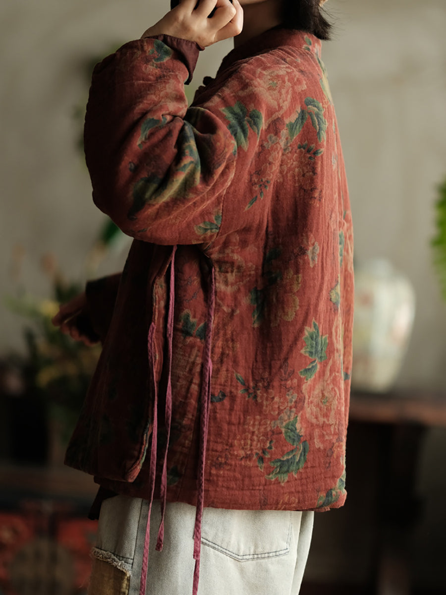 Autumn Stand Collar Flower Cotton Padded Coat Wg016