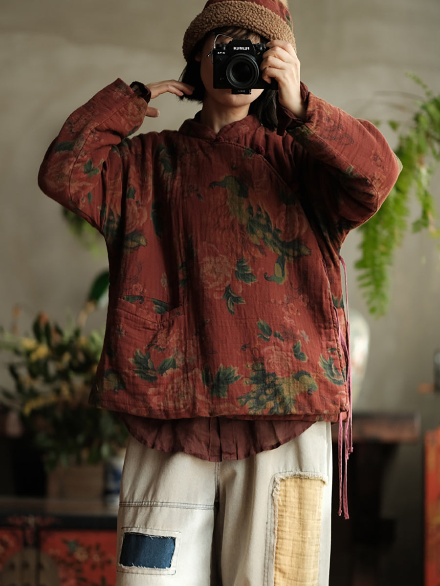 Autumn Stand Collar Flower Cotton Padded Coat Wg016