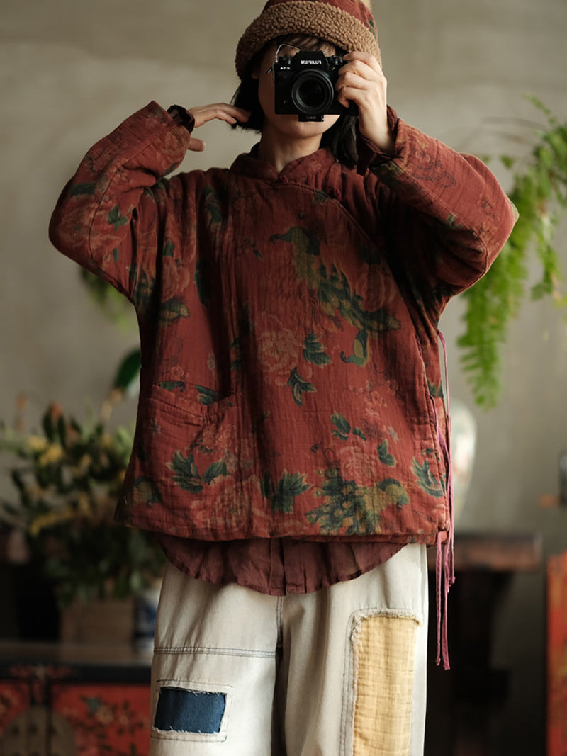 Autumn Stand Collar Flower Cotton Padded Coat Wg016