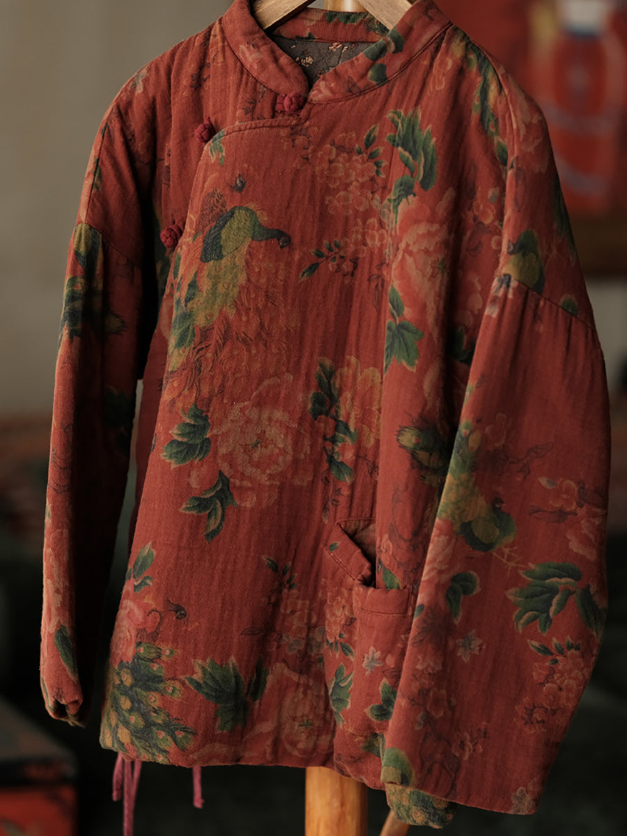 Autumn Stand Collar Flower Cotton Padded Coat Wg016