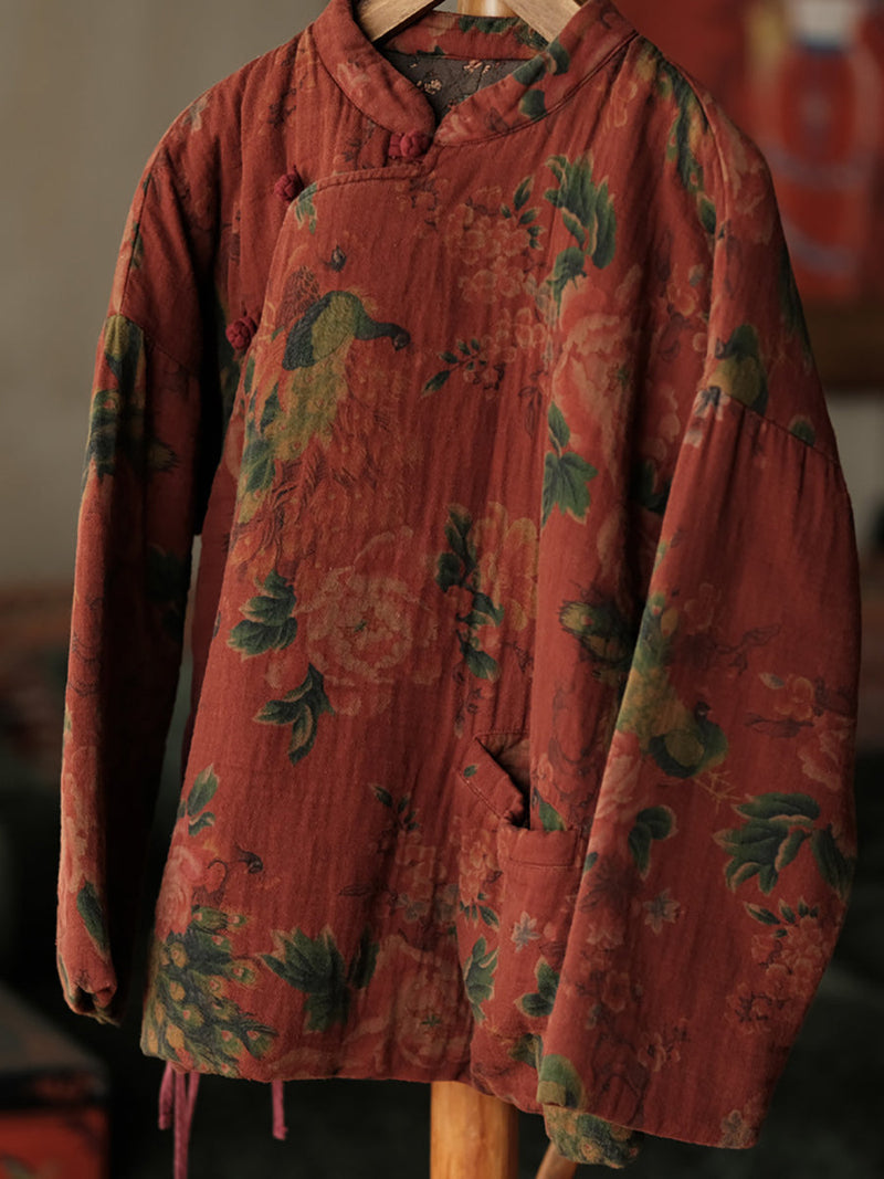 Autumn Stand Collar Flower Cotton Padded Coat Wg016