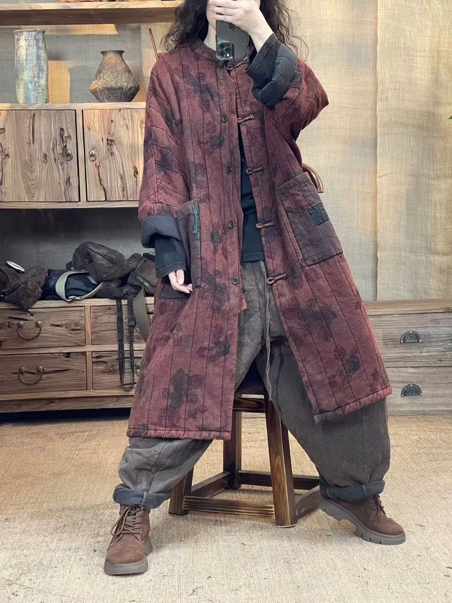 Autumn Flower Retro Patch Spliced Linen Long Coat Wu027