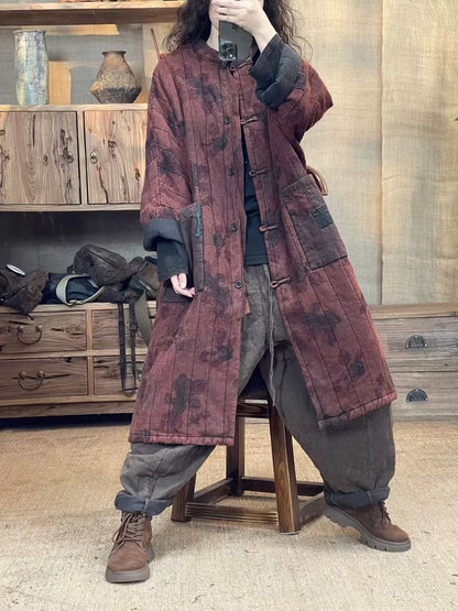 Autumn Flower Retro Patch Spliced Linen Long Coat Wu027