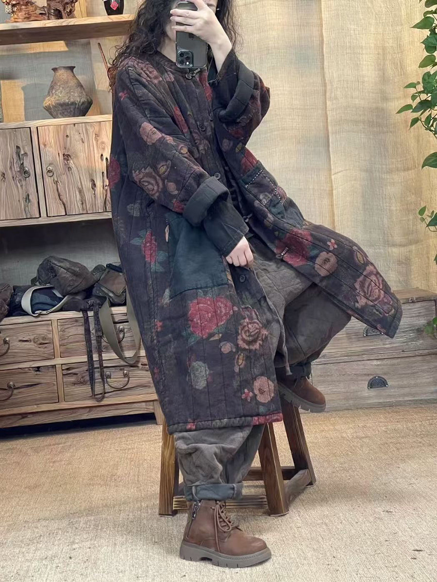 Autumn Flower Retro Patch Spliced Linen Long Coat Wu027