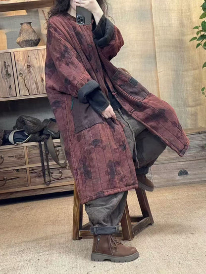 Autumn Flower Retro Patch Spliced Linen Long Coat Wu027