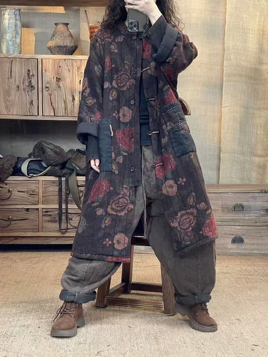 Autumn Flower Retro Patch Spliced Linen Long Coat Wu027