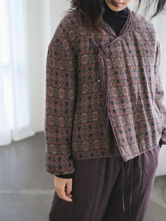 Autumn Retro Buttoned Flower Stand Collar Cotton Coat Qn029