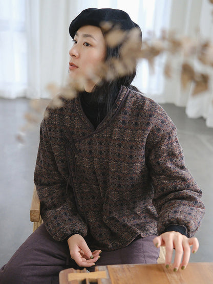 Autumn Retro Buttoned Flower Stand Collar Cotton Coat Qn029