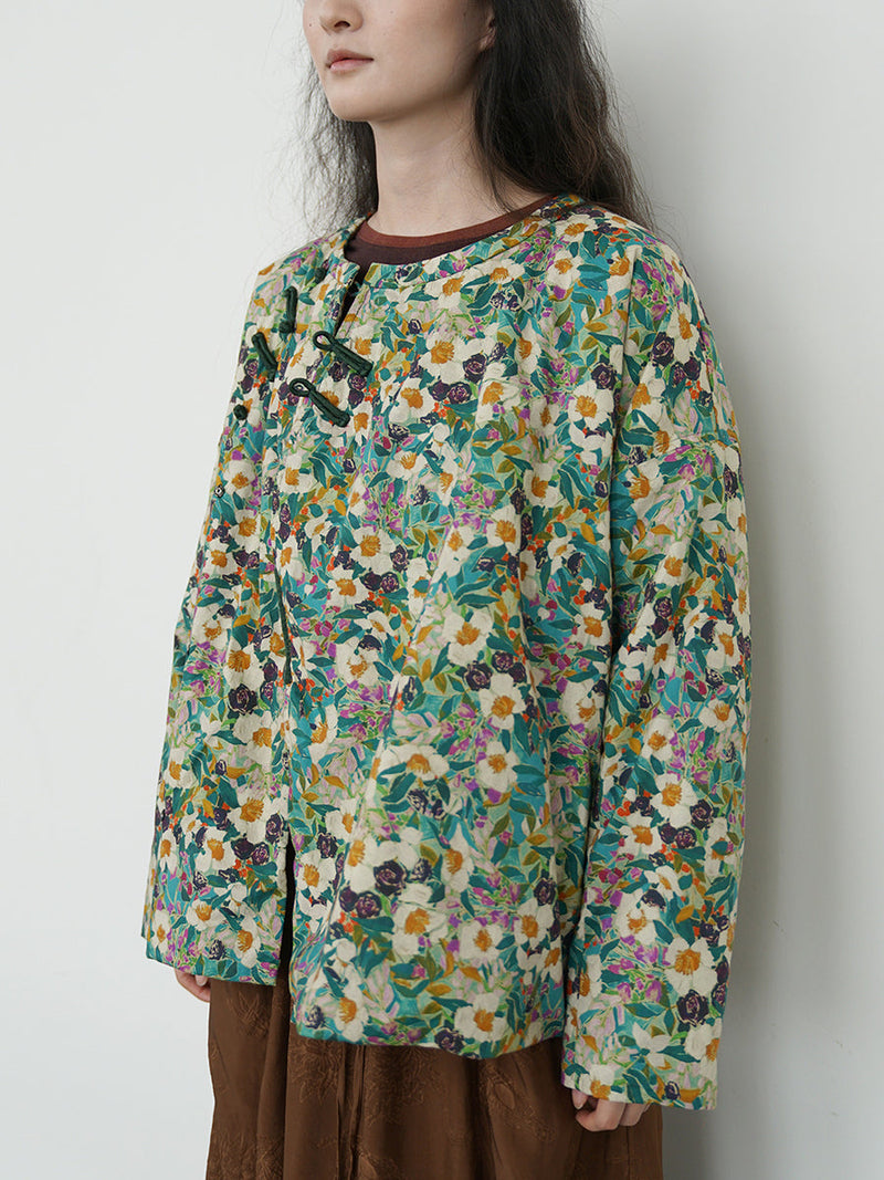Autumn Flower O-neck Cotton Padded Coat Wu007
