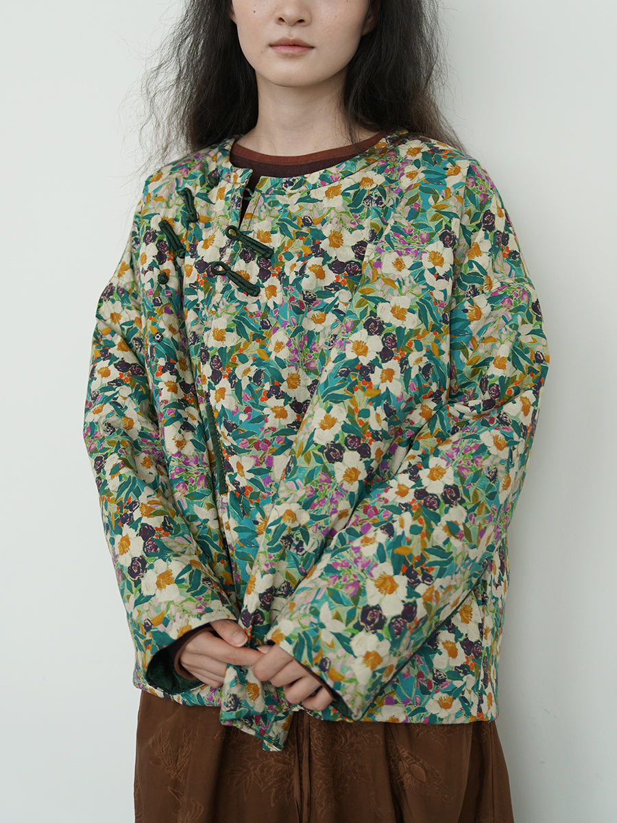 Autumn Flower O-neck Cotton Padded Coat Wu007