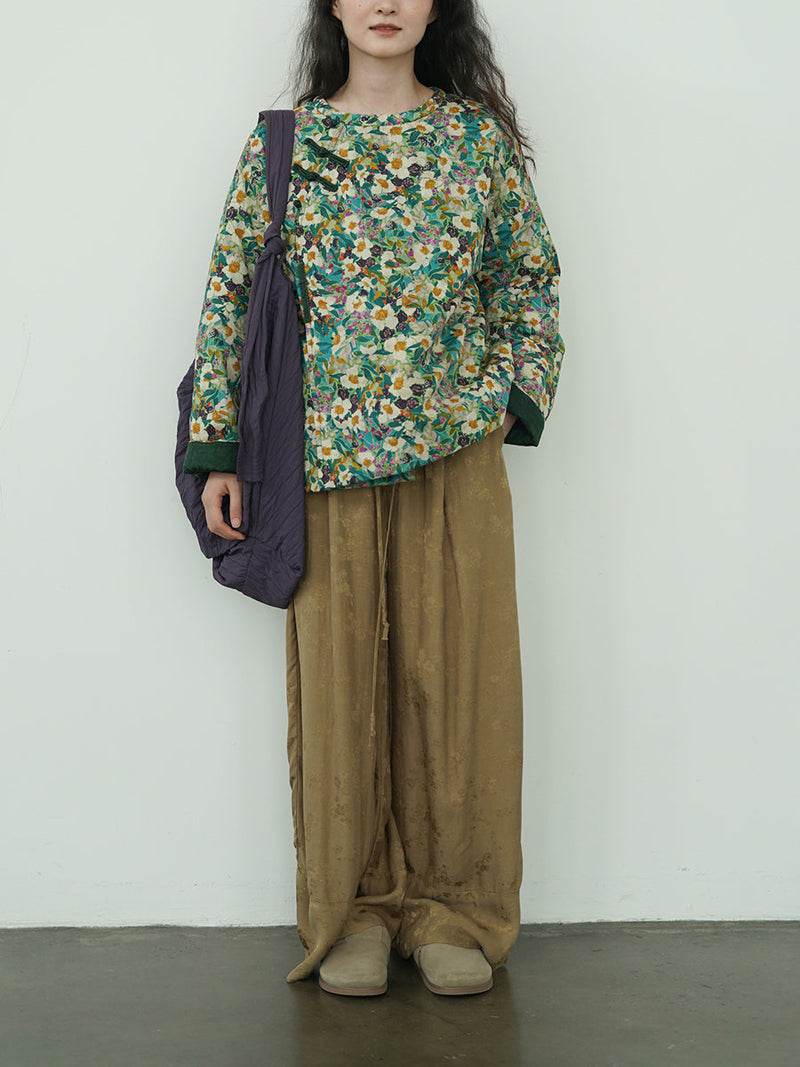 Autumn Flower O-neck Cotton Padded Coat Wu007