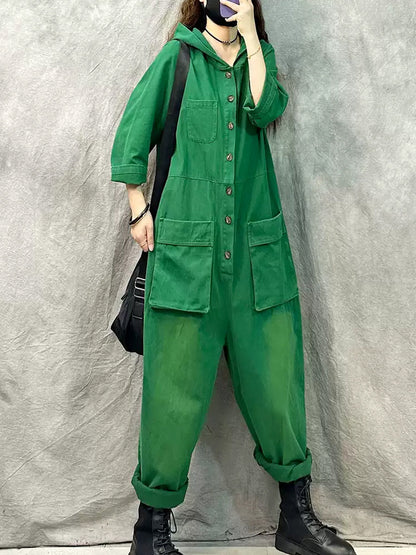 Denim Long Sleeve Hooded Jumpsuits Qn004