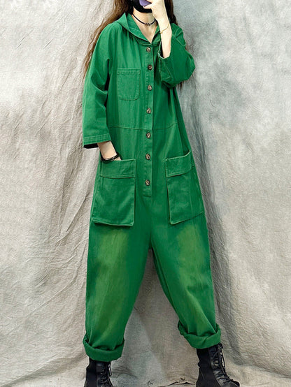 Denim Long Sleeve Hooded Jumpsuits Qn004