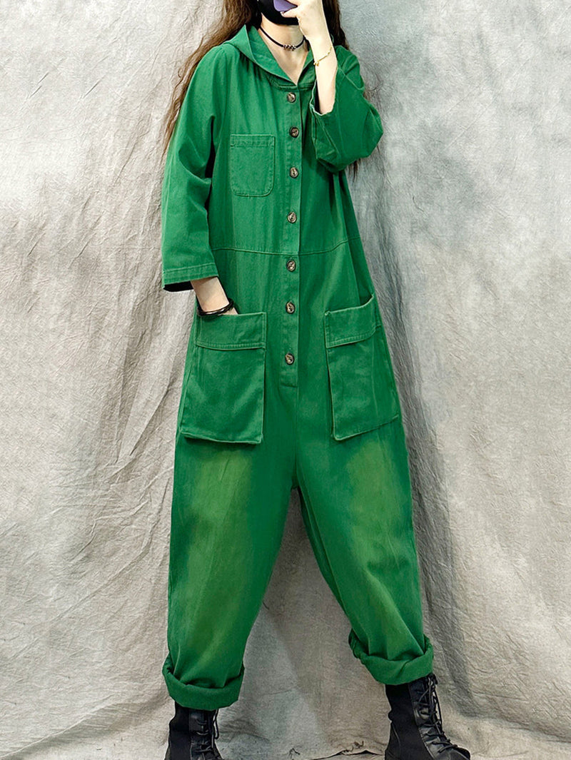 Denim Long Sleeve Hooded Jumpsuits Qn004