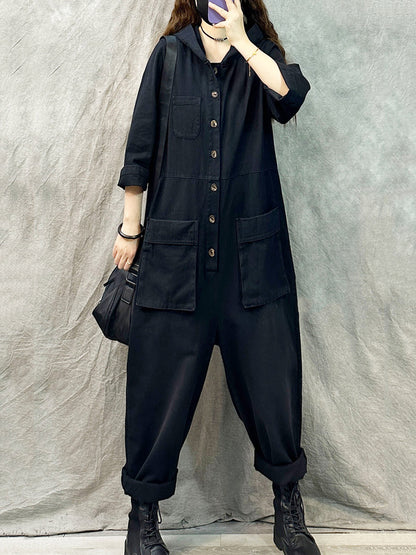 Denim Long Sleeve Hooded Jumpsuits Qn004