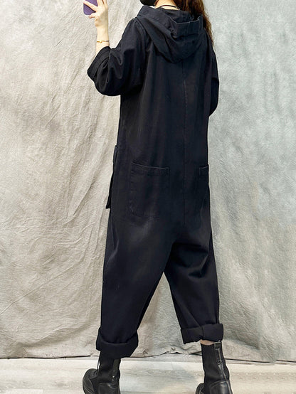 Denim Long Sleeve Hooded Jumpsuits Qn004