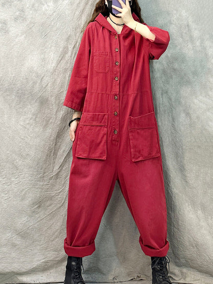 Denim Long Sleeve Hooded Jumpsuits Qn004