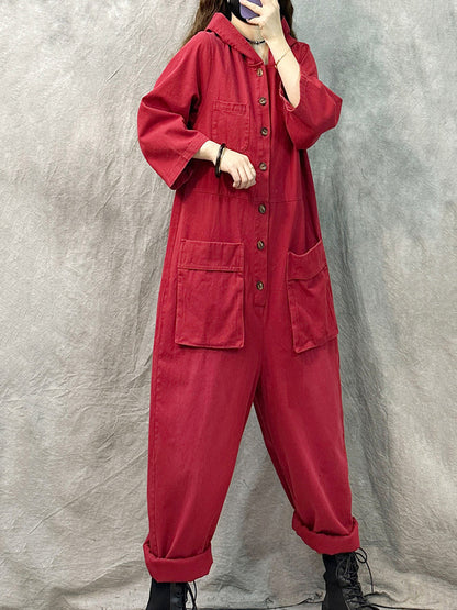 Denim Long Sleeve Hooded Jumpsuits Qn004