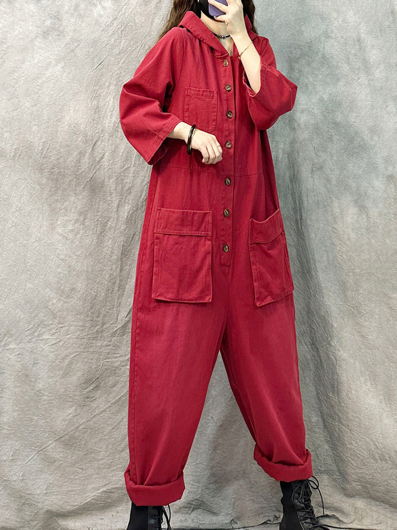 Denim Long Sleeve Hooded Jumpsuits Qn004