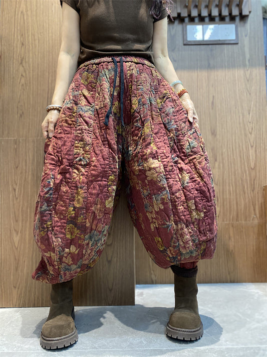 Winter Retro Flower Cotton Padded Harem Pants Qn002