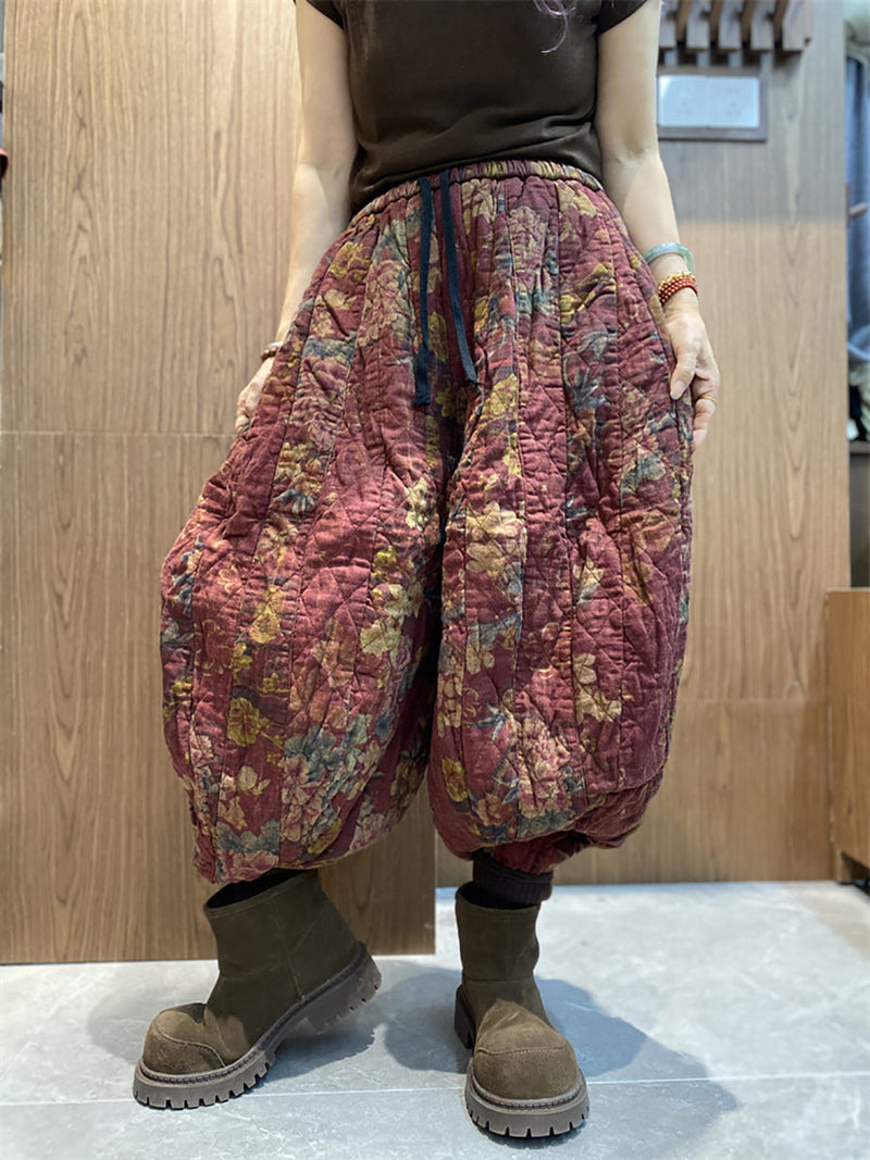 Winter Retro Flower Cotton Padded Harem Pants Qn002
