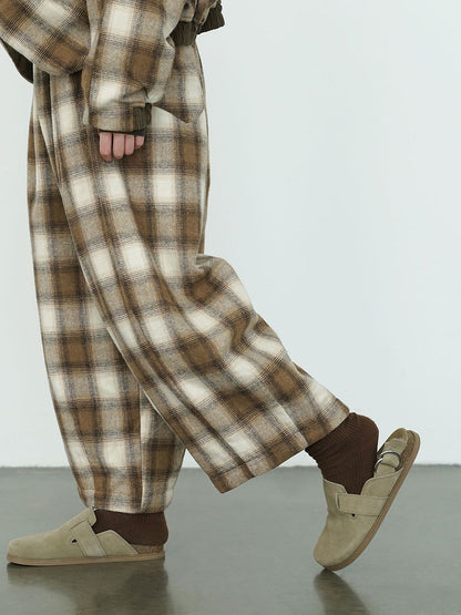 Winter Plaid Cotton Thick Wide-leg Pants Qm027