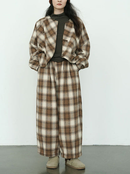 Winter Plaid Cotton Thick Wide-leg Pants Qm027