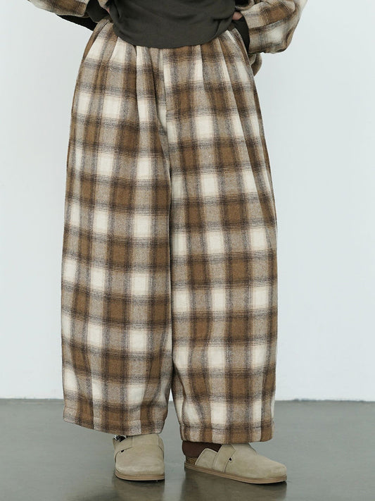 Winter Plaid Cotton Thick Wide-leg Pants Qm027