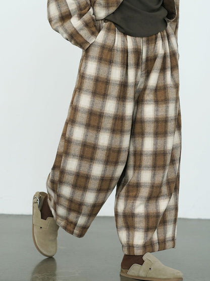 Winter Plaid Cotton Thick Wide-leg Pants Qm027