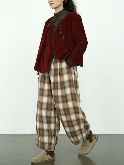 Winter Plaid Cotton Thick Wide-leg Pants Qm027
