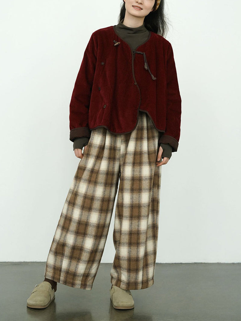 Winter Plaid Cotton Thick Wide-leg Pants Qm027