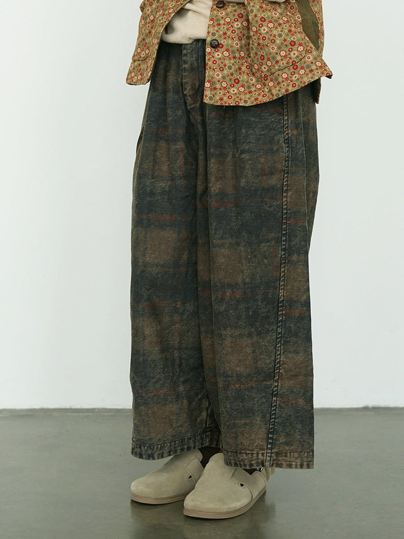 Winter Retro Flower Denim Spliced Wide-leg Pants Qm014