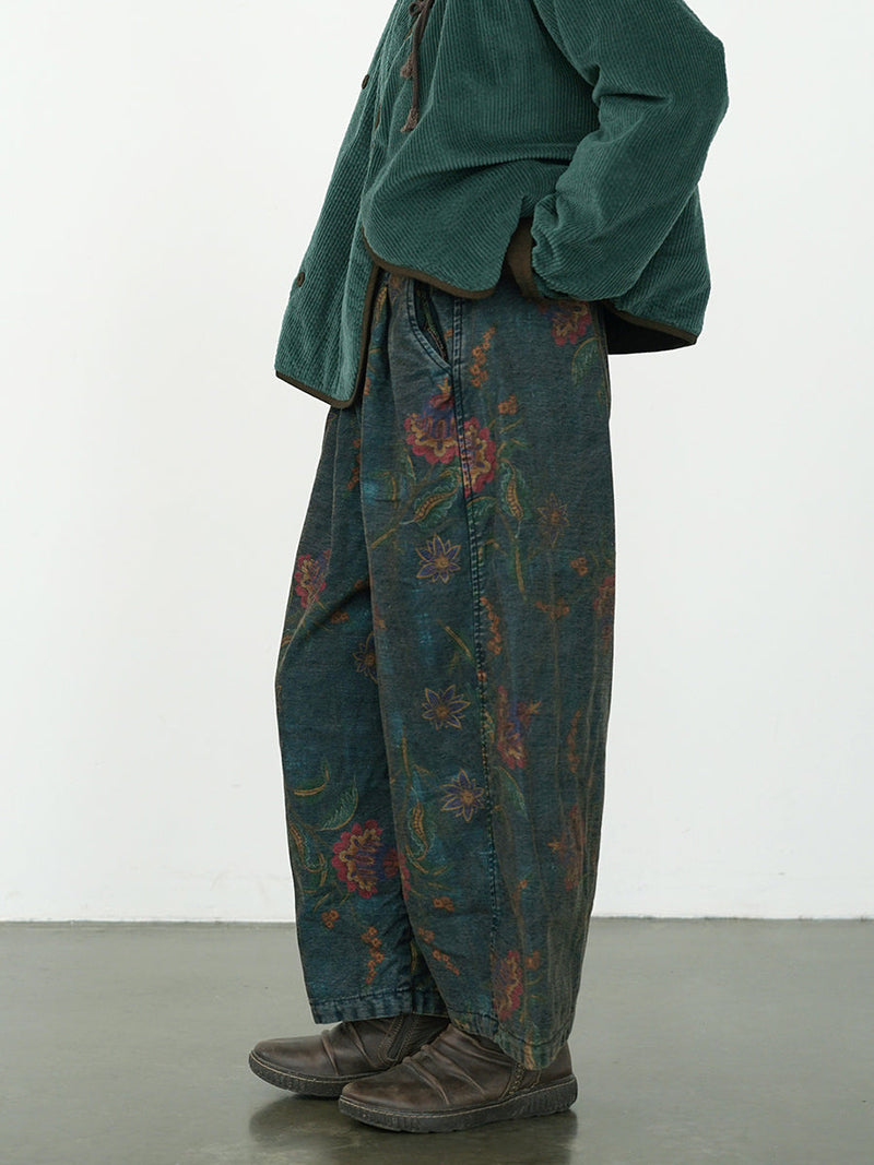 Winter Retro Flower Denim Spliced Wide-leg Pants Qm014