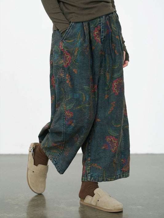 Winter Retro Flower Denim Spliced Wide-leg Pants Qm014