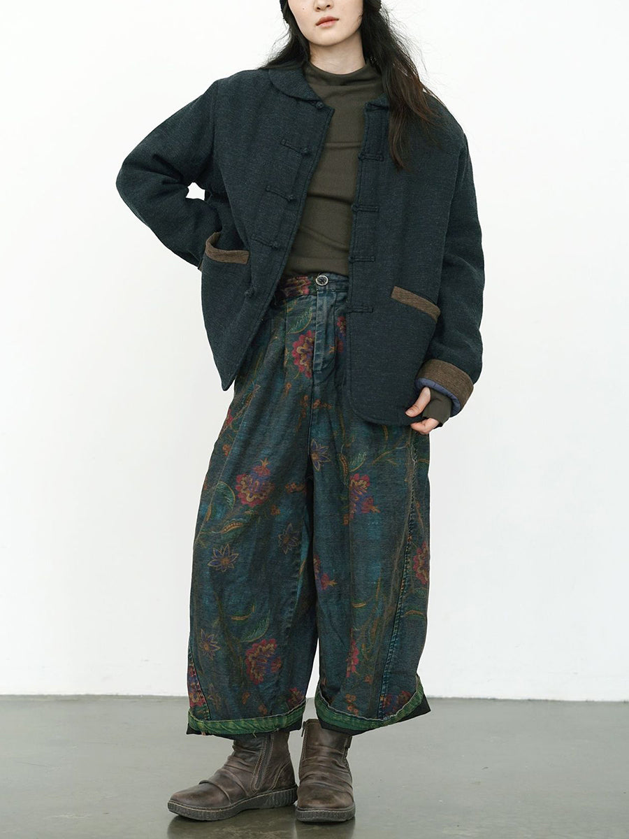 Winter Retro Flower Denim Spliced Wide-leg Pants Qm014