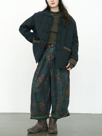 Winter Retro Flower Denim Spliced Wide-leg Pants Qm014