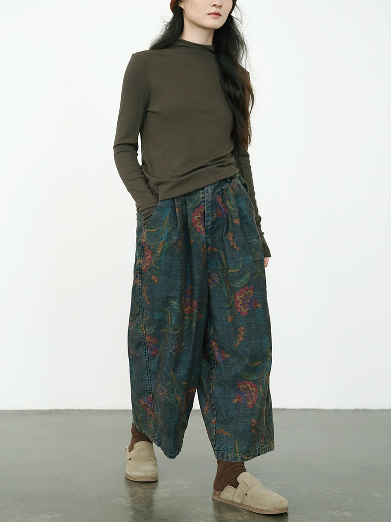 Winter Retro Flower Denim Spliced Wide-leg Pants Qm014