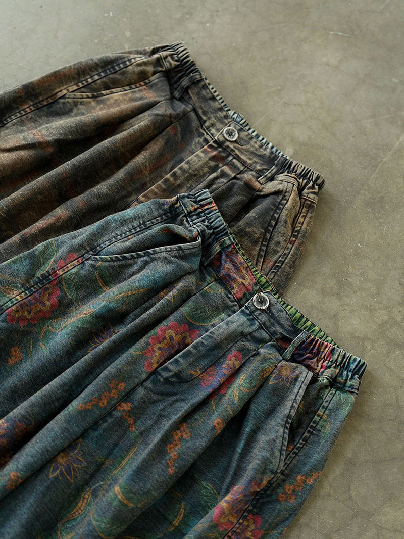 Winter Retro Flower Denim Spliced Wide-leg Pants Qm014